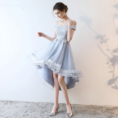 Beautiful Light Grey Tulle Off Shoulder High Low Lace Party Dress, Grey Homecoming Dress