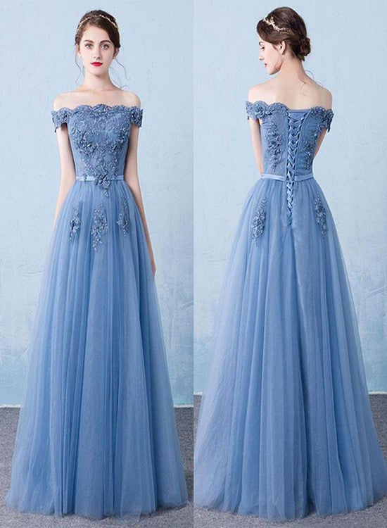 Charming Blue Tulle Off Shoulder Long Senior Prom Dress with Applique, Lovely Formal Dress