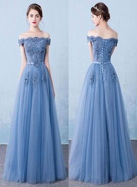 Charming Blue Tulle Off Shoulder Long Senior Prom Dress with Applique, Lovely Formal Dress
