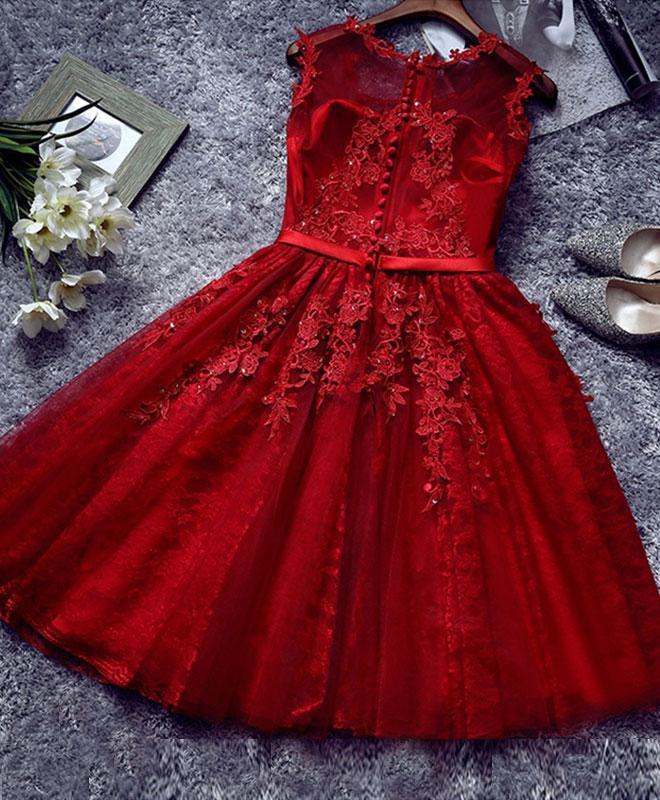 Adorable Tulle Round Neckline Tulle Party Dress with Applique, Wine Red Prom Dress
