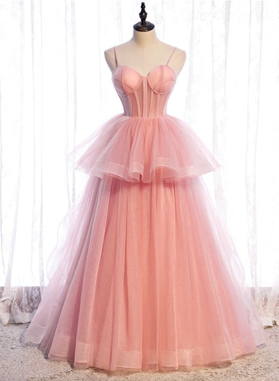 Pink Tulle Sweetheart Straps Long Formal Dresses, Pink Layers Party Dresses
