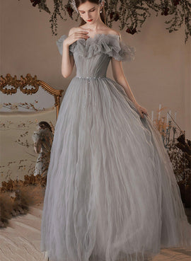 Grey Off Shoulder Beaded A-line Prom Dress, Grey Long Formal Dress