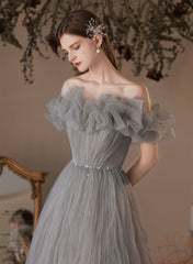 Grey Off Shoulder Beaded A-line Prom Dress, Grey Long Formal Dress