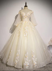 Beautiful Ivory Tulle Long Sleeves Floral Sweet 16 Gown, Party Gowns