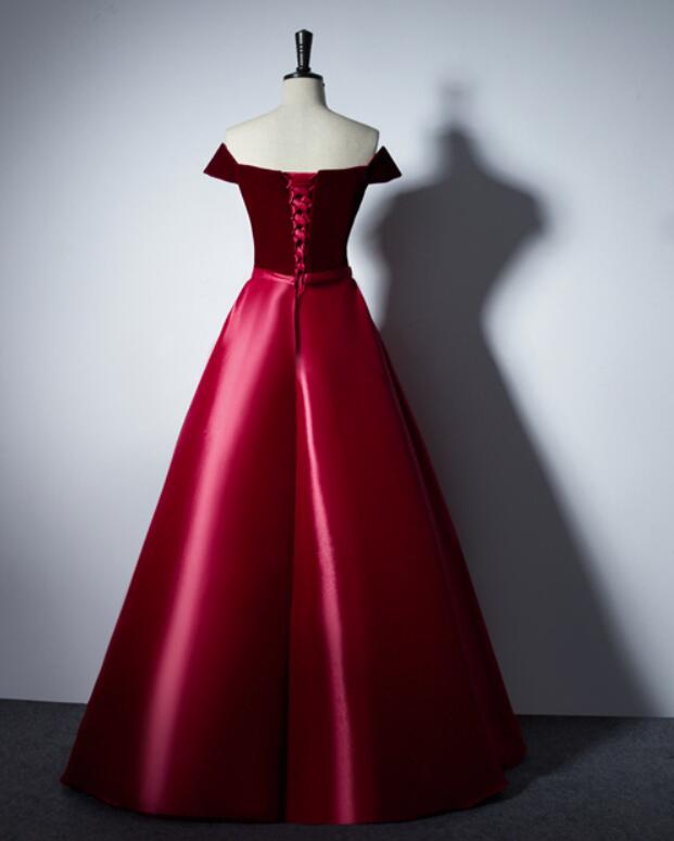 Charming Red Satin Off Shoulder Long Prom Dress with Velvet Bodice, New Style Prom Dress , Junior Prom Dresses