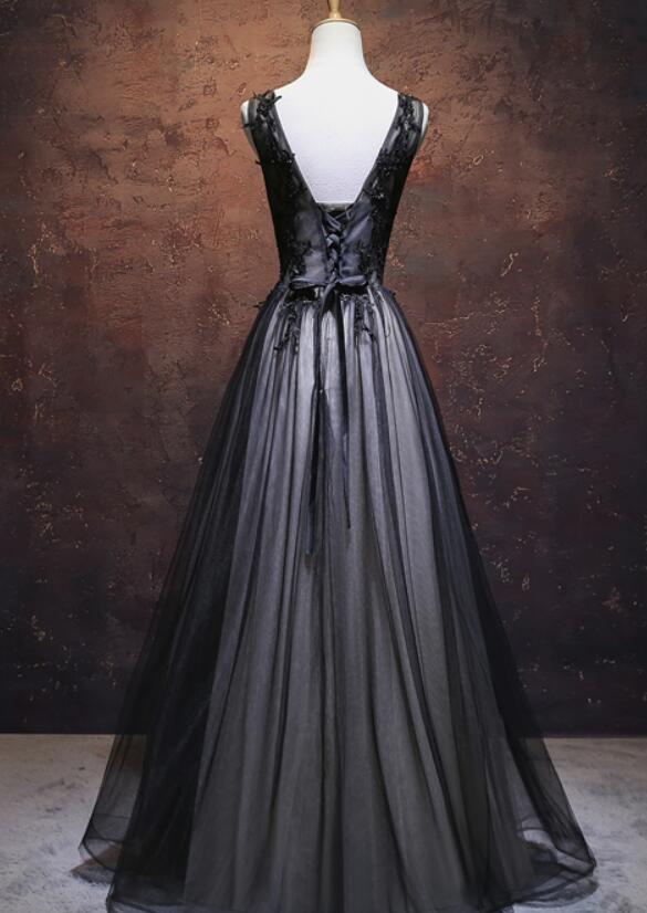 Black Prom Dress V-neckline Long , Black Party Dresses, Black Evening Dresses