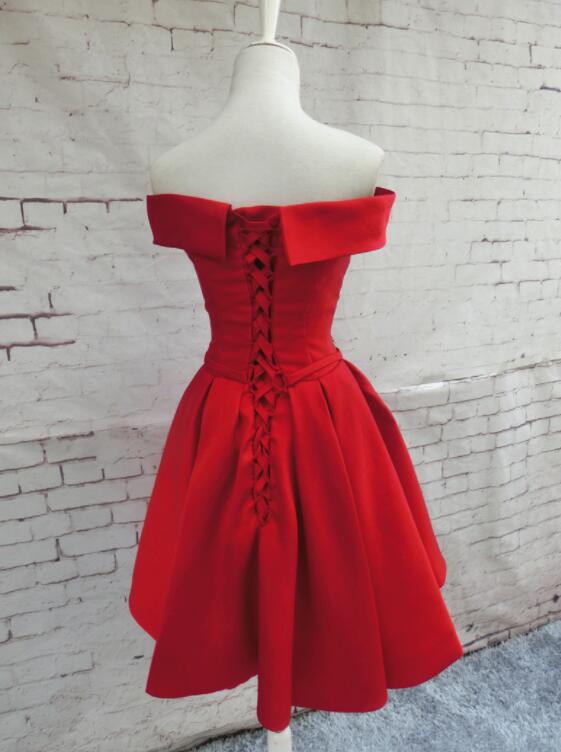 Red Satin Homecoming Dresses, Off Shoulder Party Dress, Knee Length Prom Dress