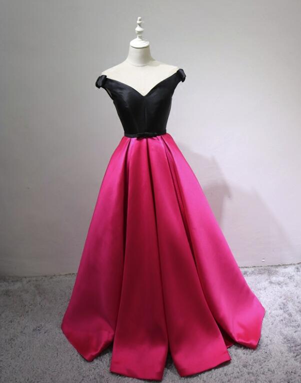 Black and Rose Red Satin V-neckline Prom Dress with Bow, Cute Gowns, Party Dresses 2018