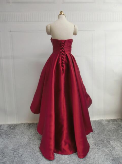 Wine Red Pretty High Low Party Dress, Wine Red Homecoming Dresses, Lace-up Junior Prom Dress