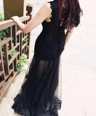 Sexy Black Mermaid Long Lace Party Gowns, Evening Lace Beaded Formal Dresses, Junior Prom Dresses