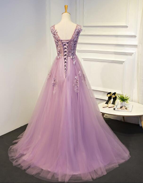 Light Purple Tulle Prom Dresses , Gorgeous Prom Dresses, V-neckline Formal Dresses