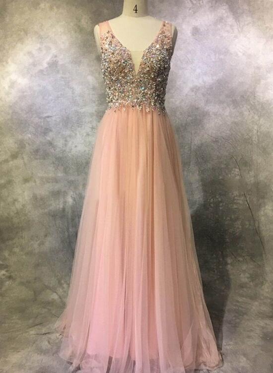 Pink Tulle Gorgeous V Back Long Party Dress , Pink Formal Dresses, Evening Dresses
