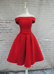 Red Satin Homecoming Dresses, Off Shoulder Party Dress, Knee Length Prom Dress