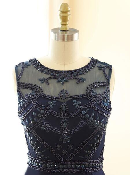 Navy Blue Beaded Chiffon Long Prom Dresses, Junior Prom Dress , Formal Gowns