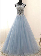 Blue Tulle Long Prom Dresses, Lace Party Gowns, Tulle Gowns
