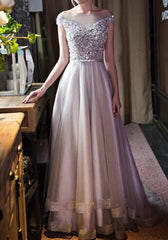 Grey Tulle Sequins and Beaded Long Gorgeous Prom Gowns, Grey Tulle Gowns, Formal Dresses