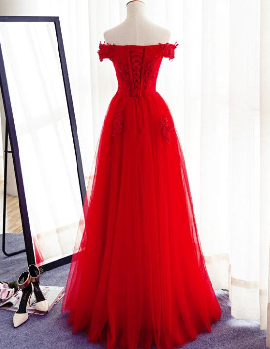 Red Tulle Floor Length Floral Prom Gowns, Red Prom Dress , Off Shoulder Party Dress