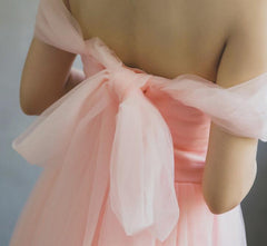 Light Pink Tulle Off Shoulder Party Dress with Bow, Soft Pink Formal Dresses, Bridesmaid Dresses