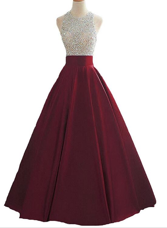 Pretty Wine Red Halter Long Satin Beaded Prom Dress Keyhole Back Prom Dress, Formal Gowns