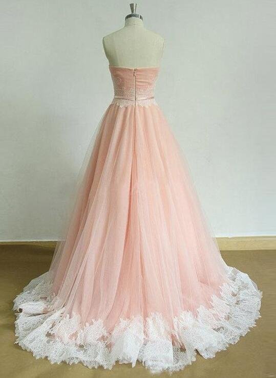 Pink Tulle Prom Dress with Lace Applique, Pink Formal Dresses, Evening Dress