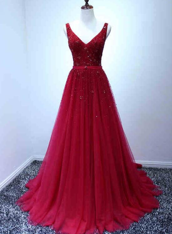 Dark Red Beaded Tulle Party Gowns , Tulle Backless Sexy Prom Dress , Beaded Evening Gowns