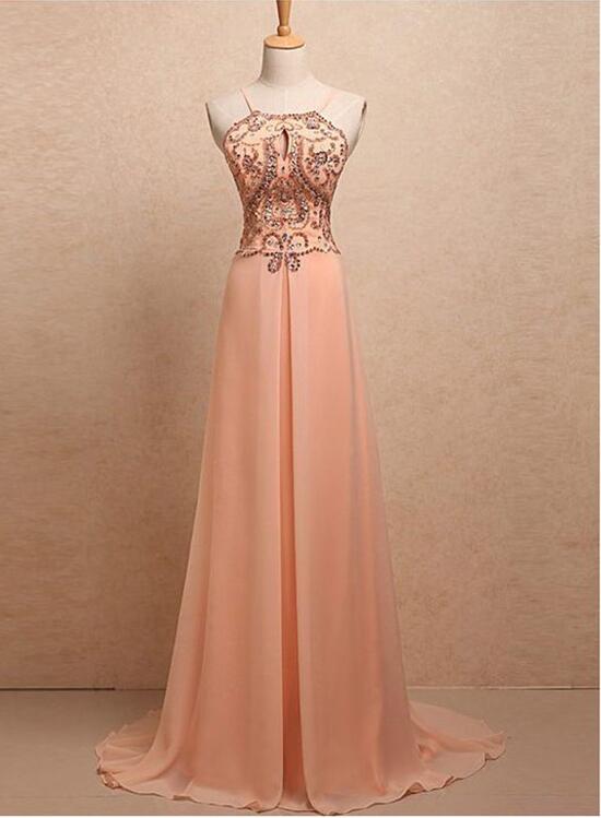 Chiffon Beaded Halter Prom Dress , Stunning Party Gowns, A-line Prom Dress