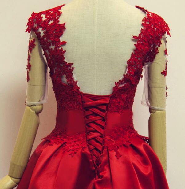 Red Short Sleeves Satin and Applique Homecoming Dresses, Red Short Prom Dresses, Formal Dress