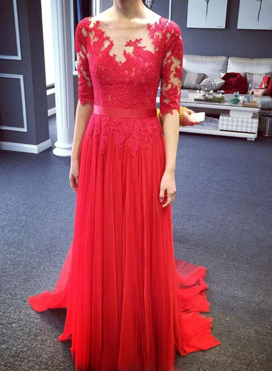 Charming Red Tulle Full Length Long Sleeves Prom Dresses, Red Bridesmaid Dresses, Tulle Formal Dresses