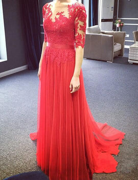 Charming Red Tulle Full Length Long Sleeves Prom Dresses, Red Bridesmaid Dresses, Tulle Formal Dresses