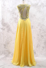 Yellow Handmade Beaded Long Party Dresses, Chiffon Prom Dress , Party Gowns
