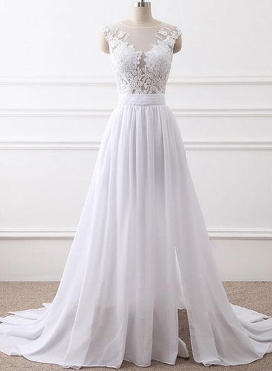 White Chiffon Slit Simple Wedding Dress, Charming Party Gowns, Formal Dresses