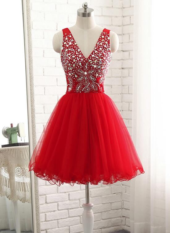 Red Short Beaded Sparkle Short Homecoming Dresses, Lovely Red Prom Dress, Short Dresses