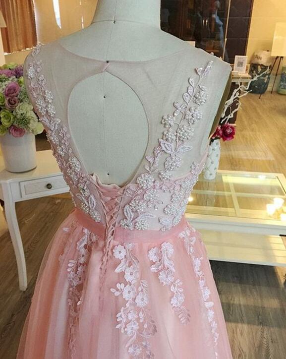 Pink Sleeves O Back with Applique, Cute Tulle Long Prom Dress, Junior Party Dresses
