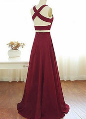Wine Red Two Piece Chiffon Party Dress , Two Piece Formal Gowns, Prom Dress