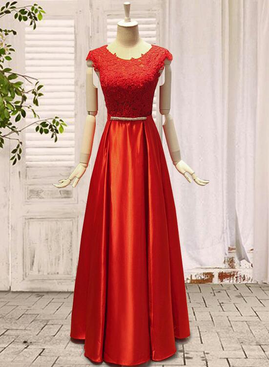 Red Long Party Dress with Bow, Cute Formal Dresses, Satin Party Gowns