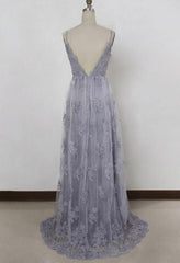 Grey Lace and Tulle Elegant Sweetheart Long Prom Dress , Charming Formal Dresses, Evening Gowns