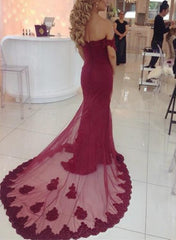 Wine Red Off Shoulder Sweetheart Lace Applique Party Dress, Charming Wedding Party Gowns