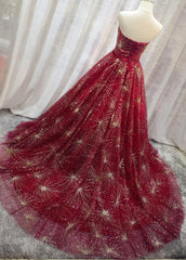 Beautiful Red Sparkle Lace-up Long Prom Dress, Dark Red Formal Gowns, Woman Formal Dress