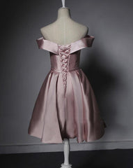 Light Pink Homecoming Dress, Off Shoulder Satin Short Party Dress with Belt, Prom Dress
