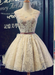 Short Lace Round Neckline Cute Homecoming Dresses , Lace Short Formal Dresses