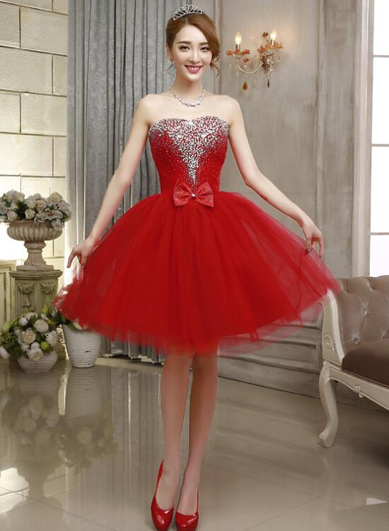 Red Tulle Beaded Sparkle Homecoming Dresses, Lovely Girls Formal Dress, Red Short Prom Dress