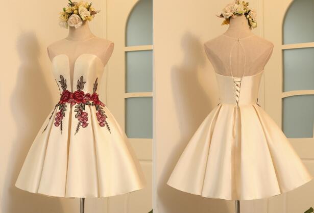 Beautiful Satin Short Cute Party Dress in Stock, Lovely Formal Dresses, Homecoming Dress with Embroidery