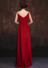 Red Straps Sequins Pretty Long Satin Formal Gowns, Red Party Gowns, Red Formal Dresses