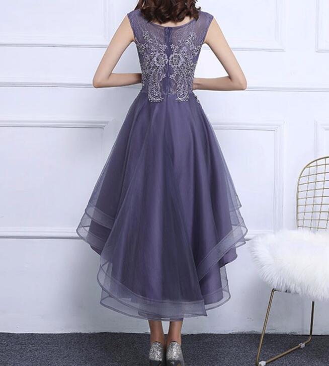 Grey-Purple High Low Round Neckline Party Dresses, Cute Party Dresses in Stock