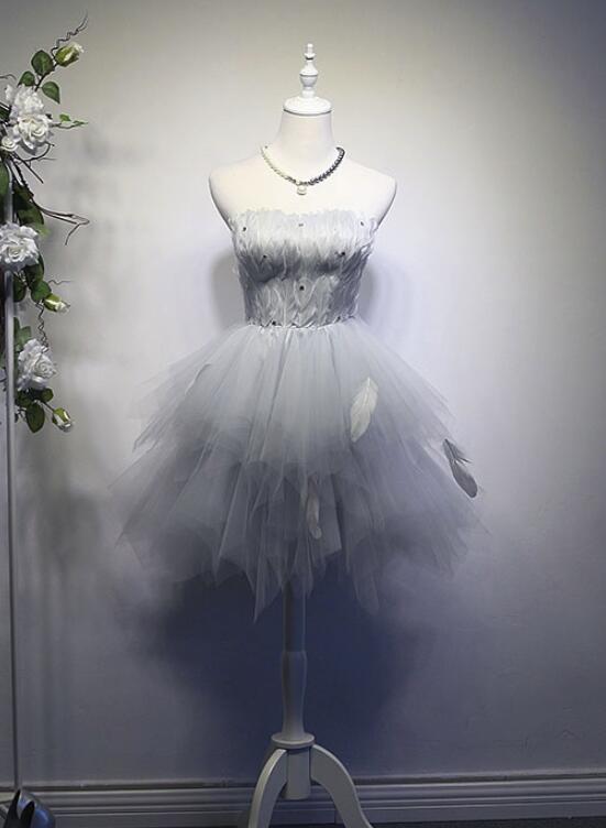 Grey Feather and Tulle Cute Party Dresses, Women Formal Dress