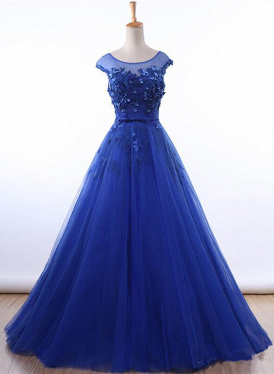 Royal Blue Ball Gown Tulle with Lace Round Cap Sleeves Prom Dress, Blu ...