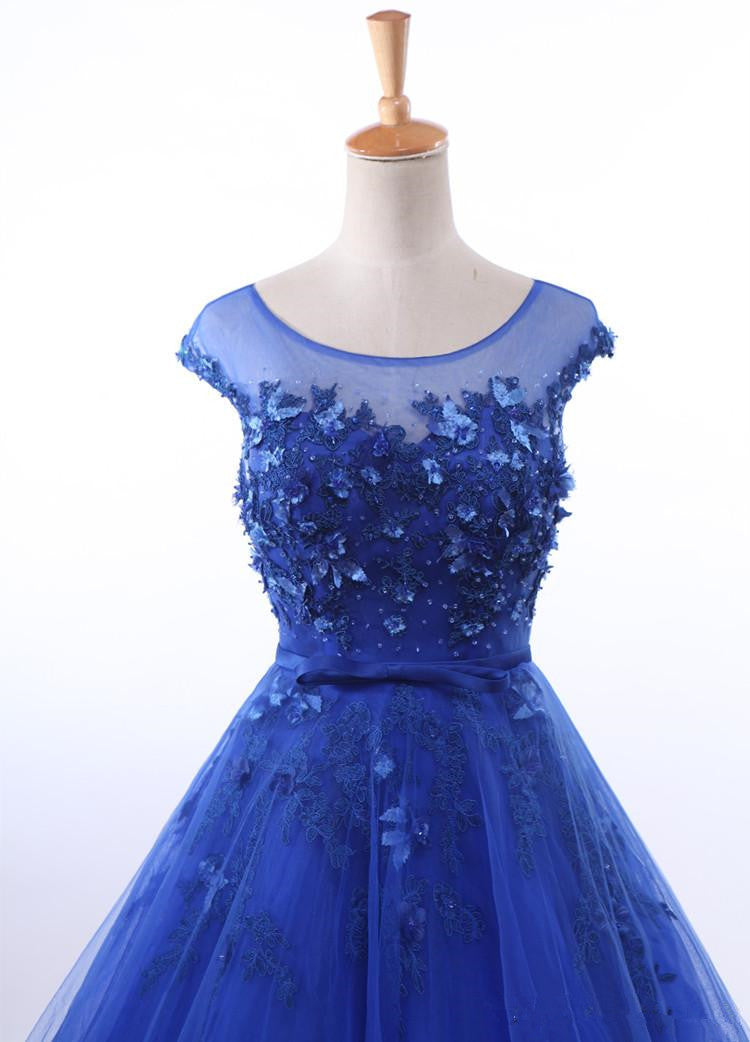 Royal Blue Ball Gown Tulle with Lace Round Cap Sleeves Prom Dress, Blu Cutedressy Royal Blue Ball Gown Tulle with Lace Round Cap Sleeves Prom Dress, Blu Cutedressy