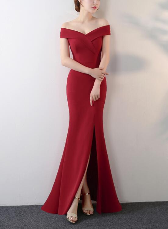 Beautiful Wine Red Off Shoulder Slit Long Formal Dress, Charming Formal Gowns