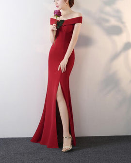 Beautiful Wine Red Off Shoulder Slit Long Formal Dress, Charming Formal Gowns