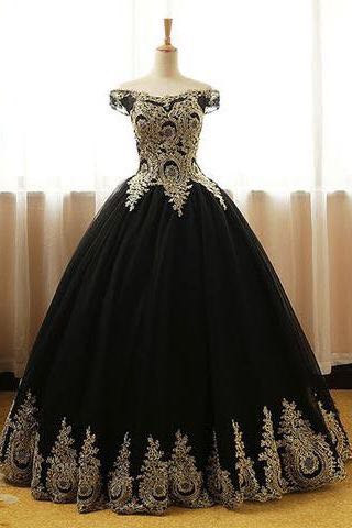 Black Off Shoulder Tulle Sweet 16 Gowns with Gold Applique, Charming Evening Gowns
